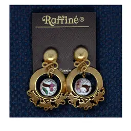 Vintage Asian Motif Gold Plated And White Cloisonne Ball & Style Dangle Drop Clip-On Earrings. Designer Raffine. On Original Tag