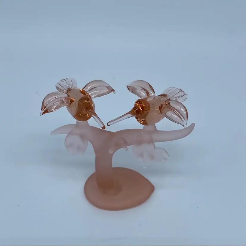 #1470 Pink lampwork glass Hummingbirds with palm tree sculpture Lauscha Germany