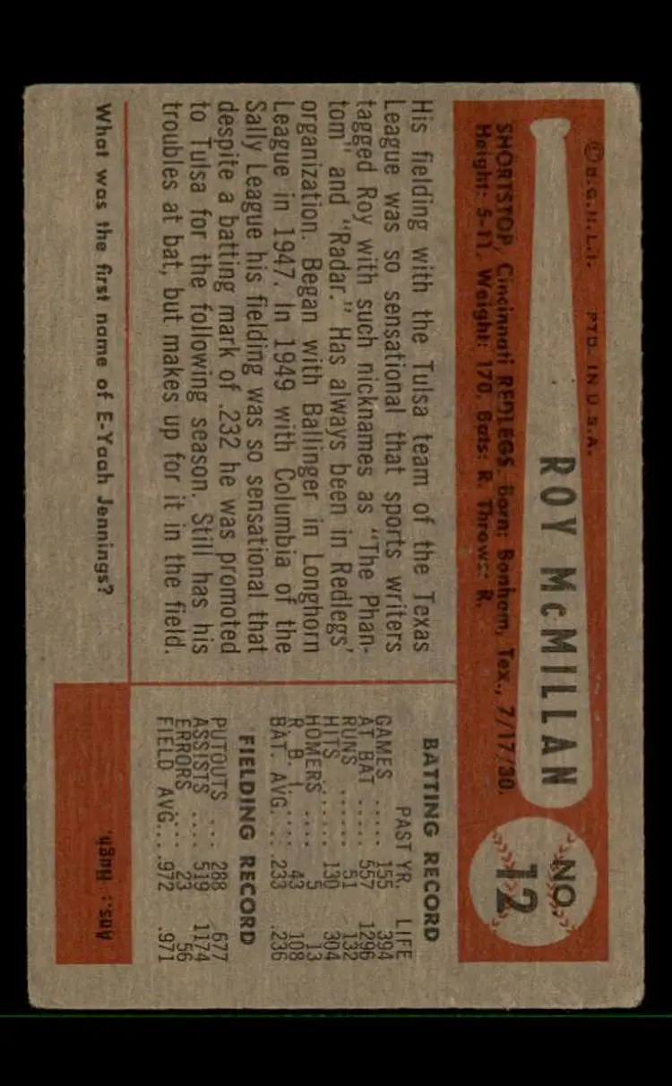 1954 Bowman #12b Roy McMillan - (pk-tl3) - Cincinnati Redlegs