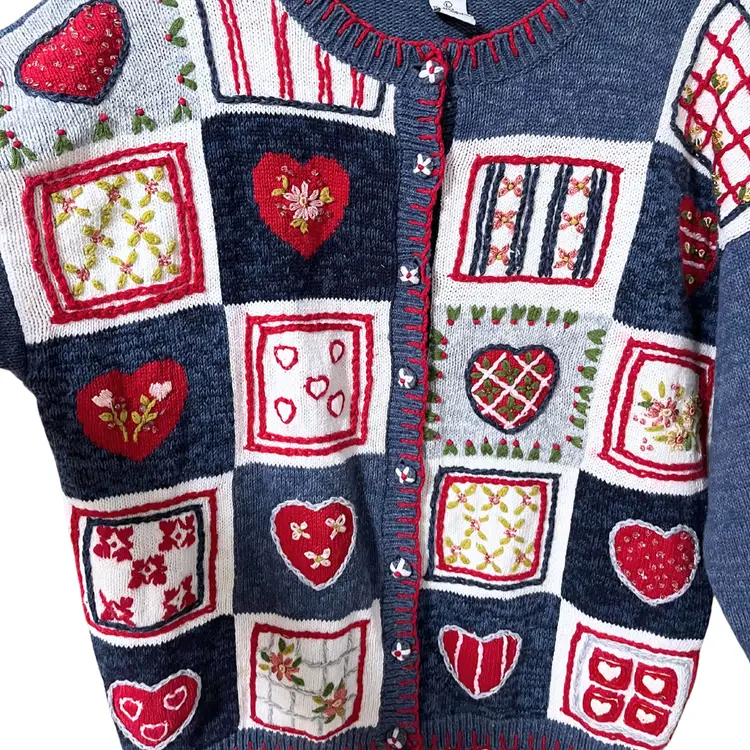 Vtg Crochet Embroidered Patchwork Sweater L Grannycore Kitsch Folk Hearts Ramie