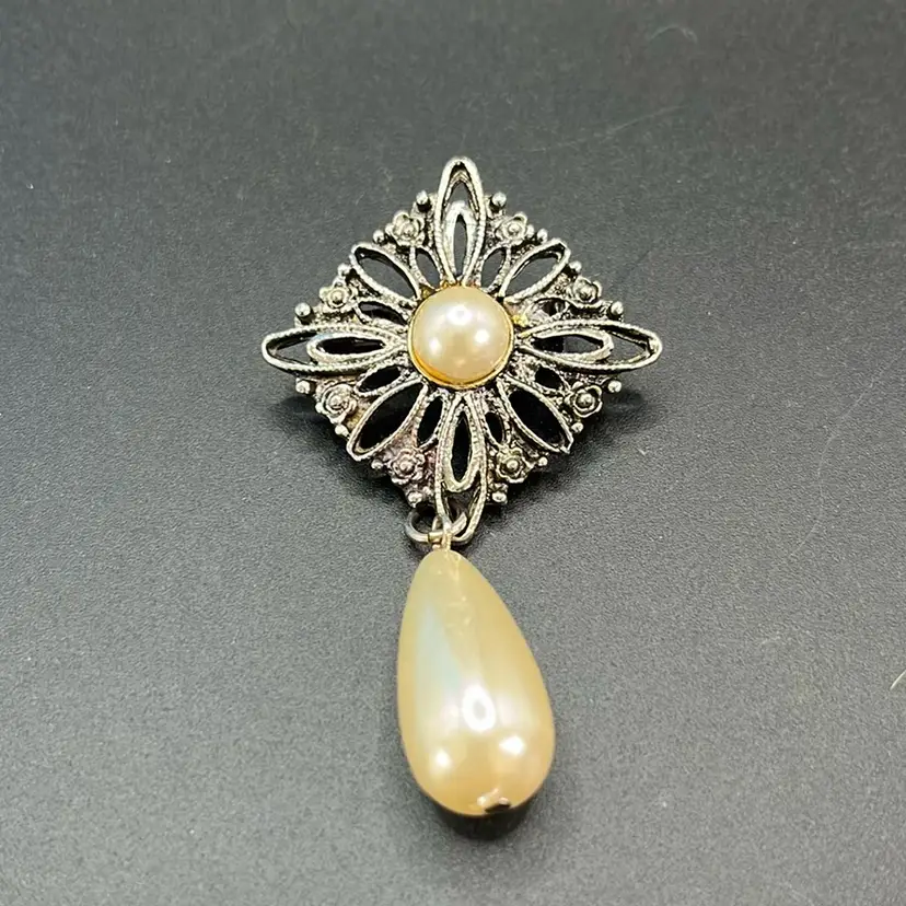 Vintage Pearl Drop Brooch, Silvertone, 2 1/2 Long
