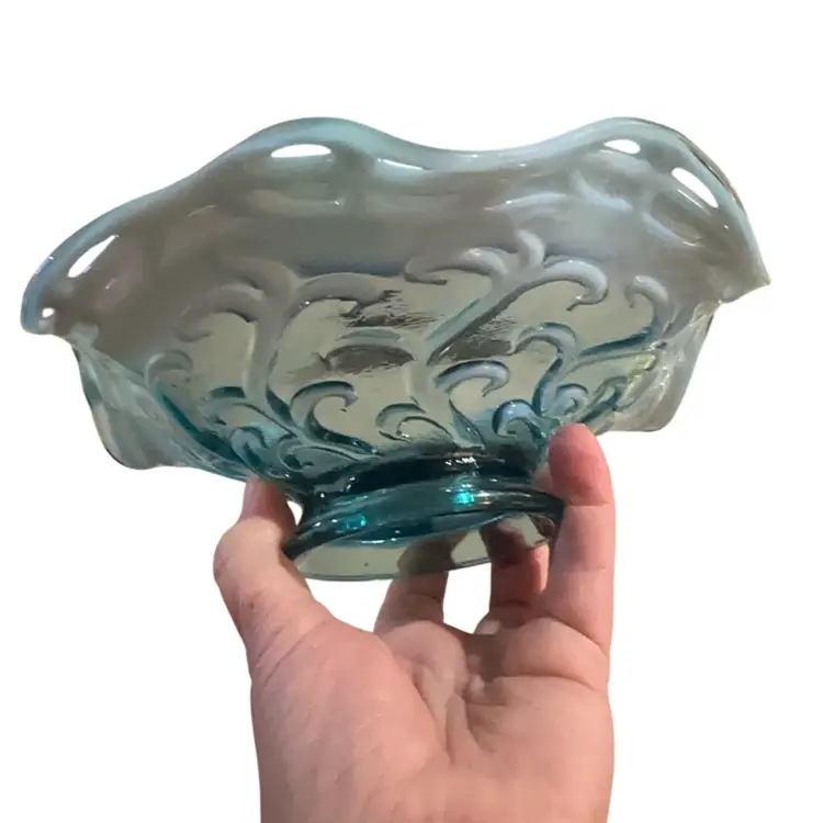 #02 - Antique Jefferson Glass Early 1900s Blue Opalescent Glass Coral Dome Footed Bowl - 8" Ruffled