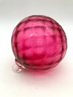 BIN - Beautiful Pink Red Blown Glass Holiday Ornament Orb Diamond Optics 3.75”