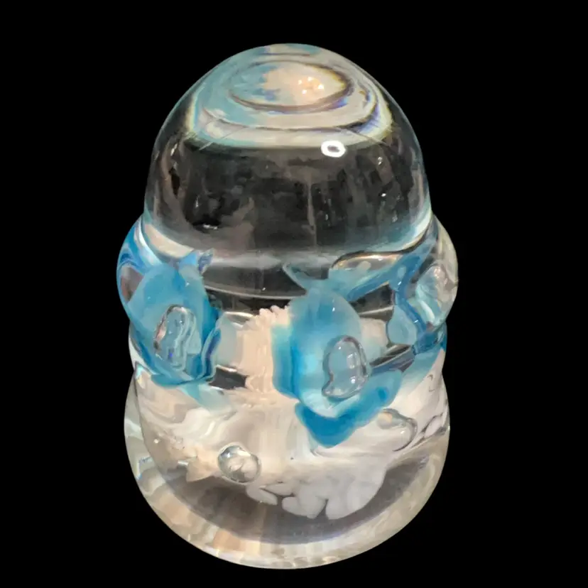 Vintage Joe Rice 2000 Paperweight Clear With White And Blue Flowers , Unusual Shape 4”tall  x 3” Wide, Shaped Like An Insulator