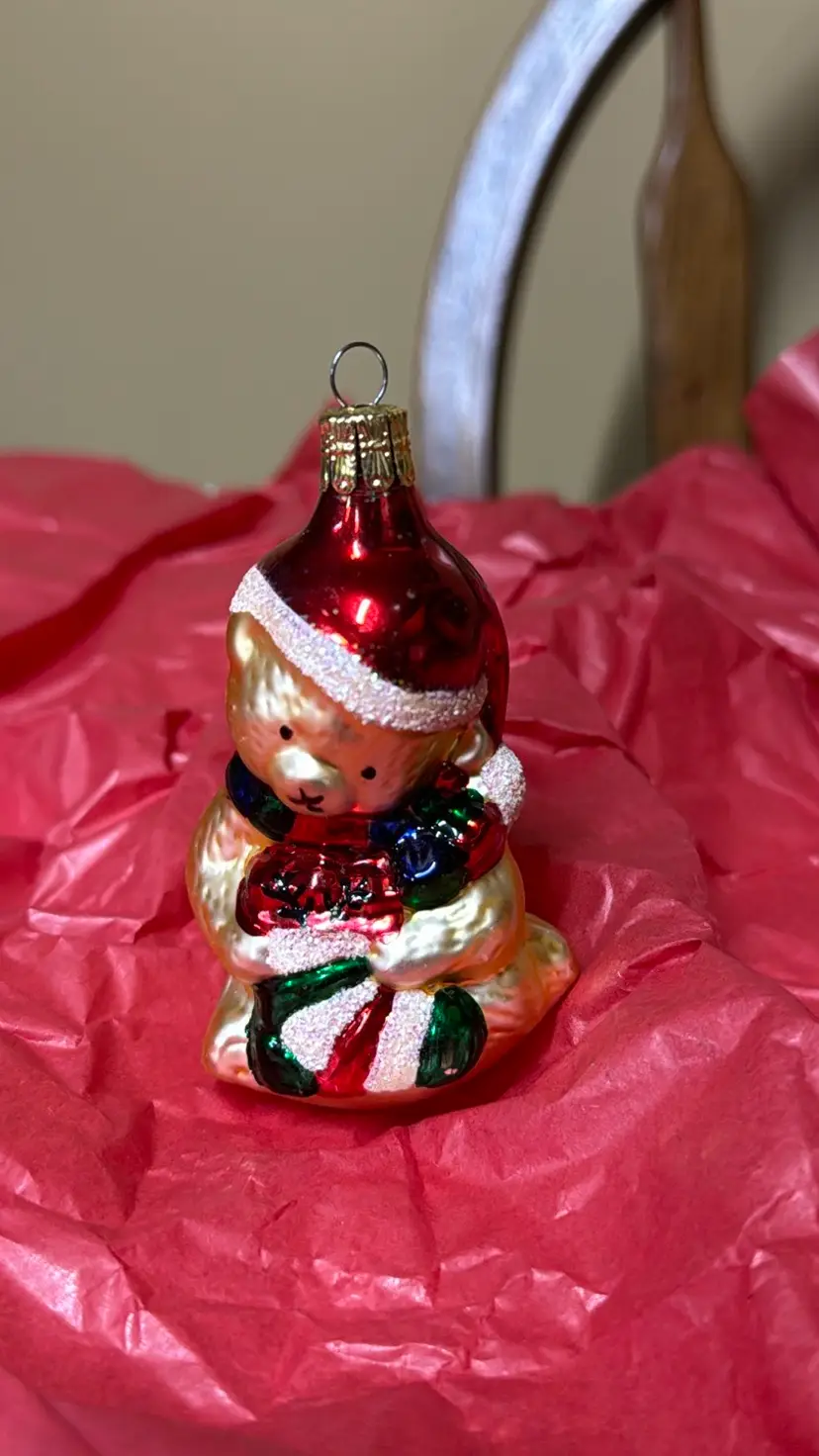 Teddy Bear Ornament w/Green Tree and Glitter Red Hat; Czech Blown Glass Ornament