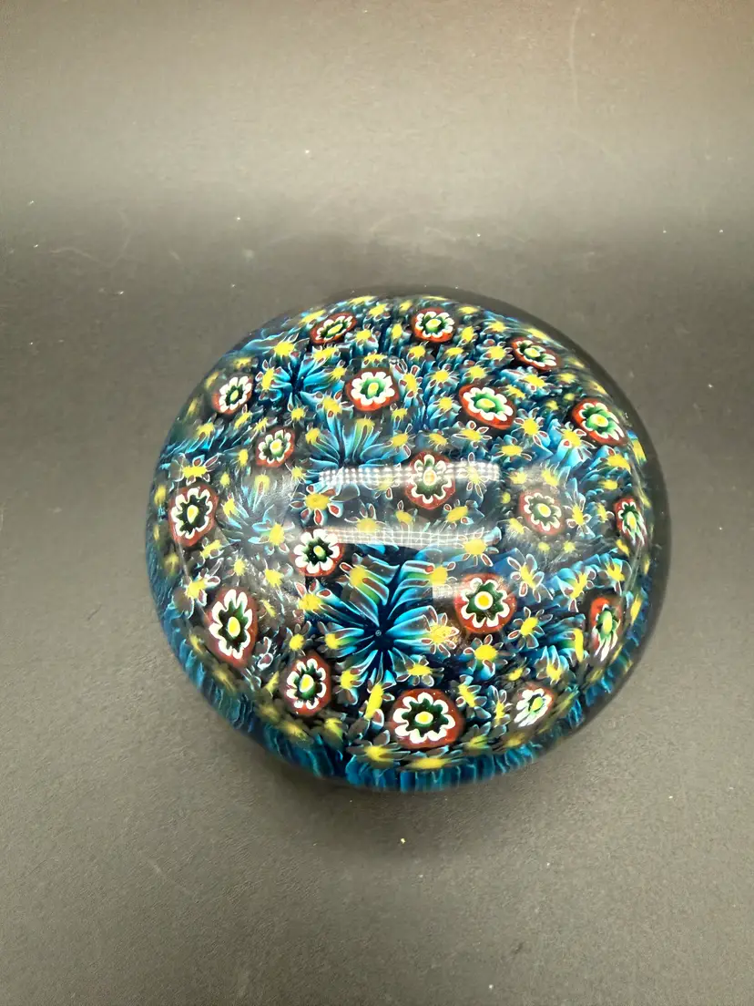 Vintage Millefiori Art Glass Paperweight Blue Red Green White Flowers