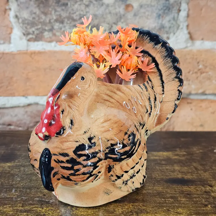 Vintage 1940's Morton Pottery Turkey Planter Vase  USA Made Rustic Brown Ceramic Thanksgiving Decor
