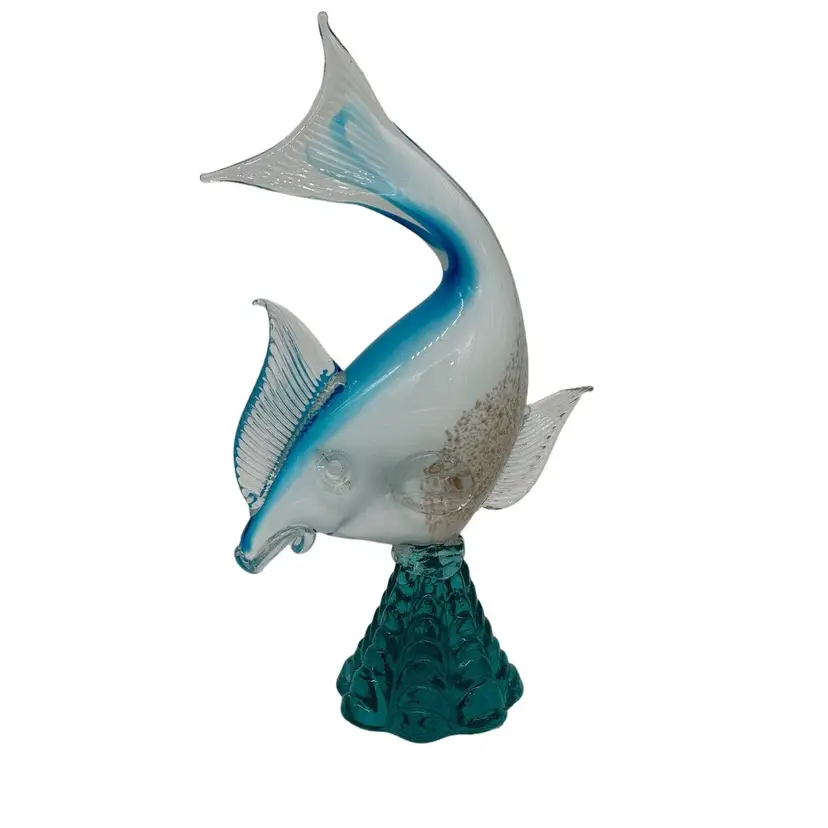 Fish - Art Glass Venetian Hand Blown Blue and White w Gold Flecks