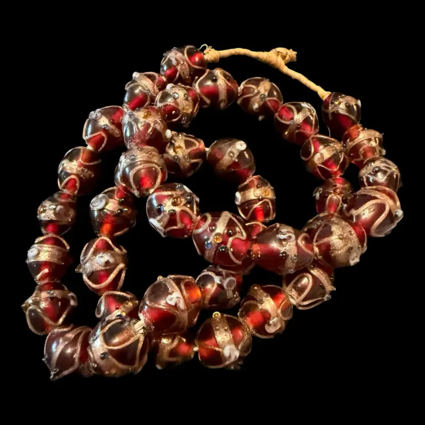 Murano Venetian Wedding Cake Red Glass Bead Necklace 22β (40 Beads Total)