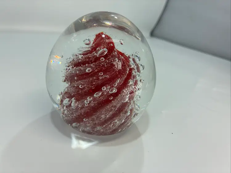 hand blown art glass paperweight red and bubble swirl 3.5” Tall