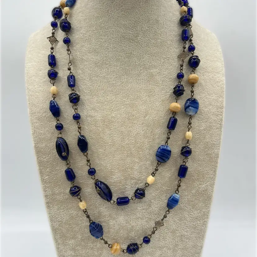 Summer - Long Single Strand Blue/Beige Glass Necklace - About 44”