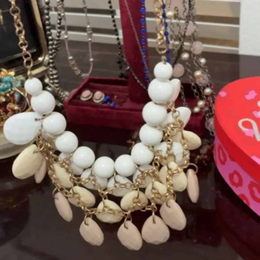 White And Tan Beaded Costume Necklace