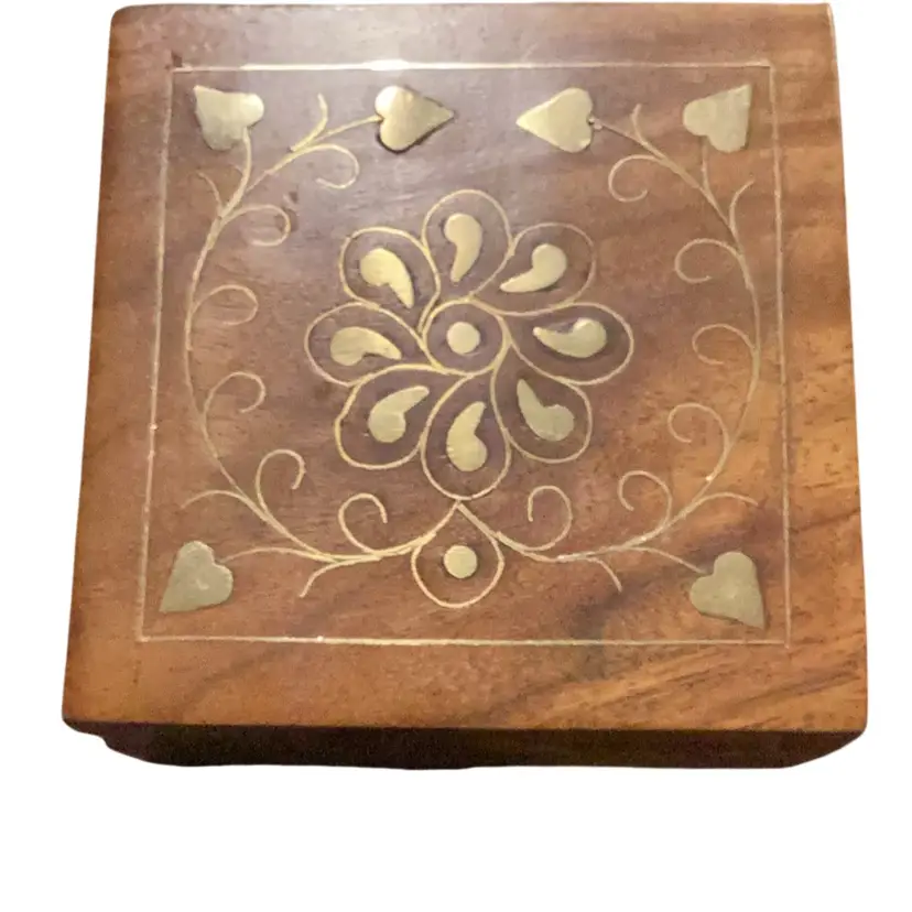Wooden Inlayed Trinket Box Inlayed With Copper Or Goldtoned Metal Hearts