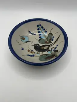 Vintage Signed Ken Edwards Mexican Pottery Bowl Bird Butterfly Floral Tonala Mexico