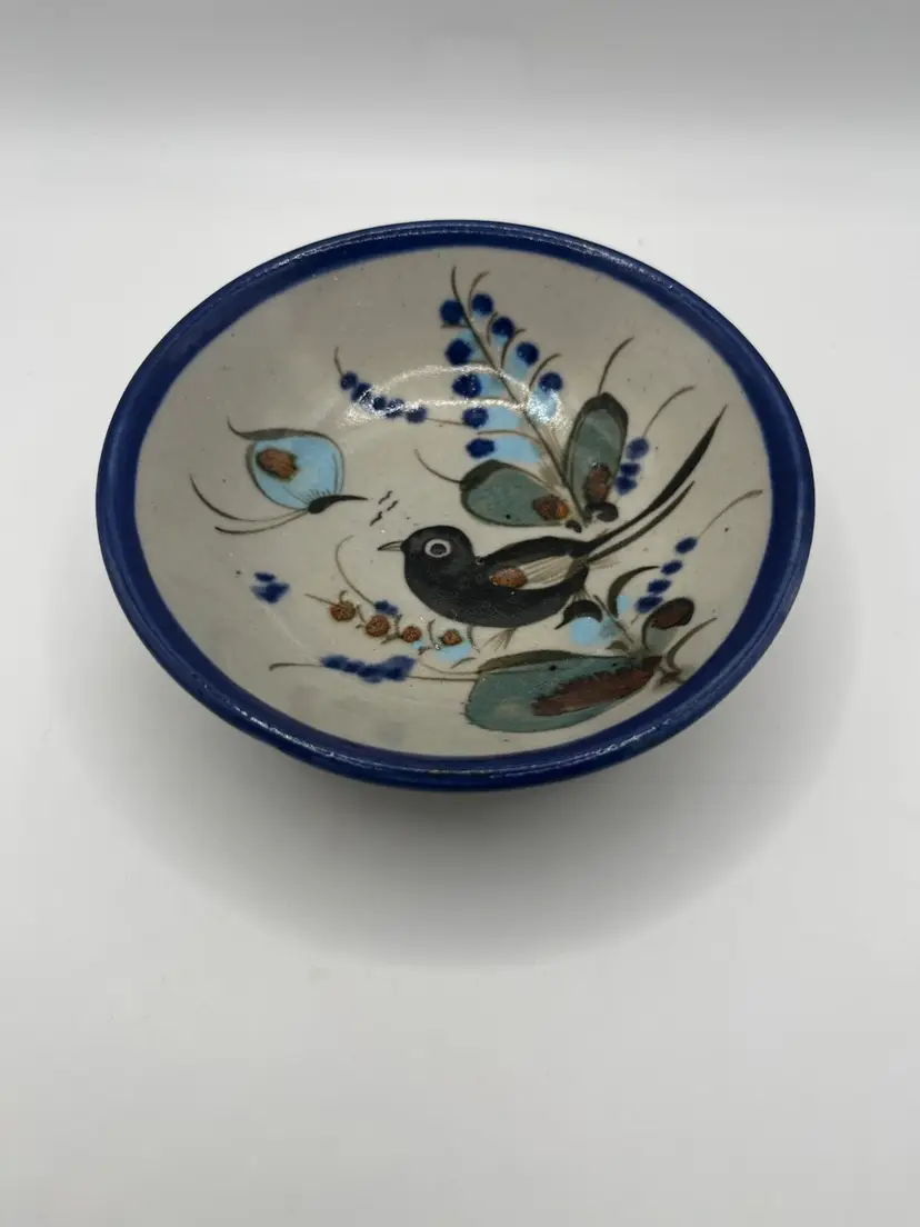 Vintage Signed Ken Edwards Mexican Pottery Bowl Bird Butterfly Floral Tonala Mexico
