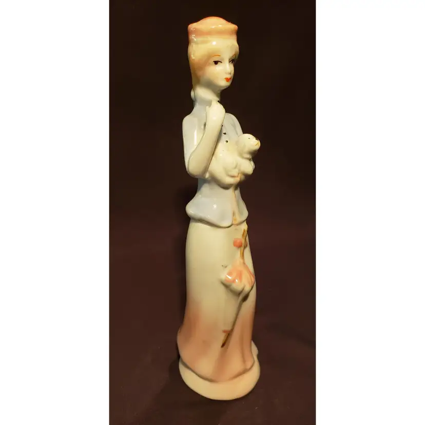 Lady Woman with Dog and Umbrella Ceramic Figurine Pill Box Hat Pink and Blue