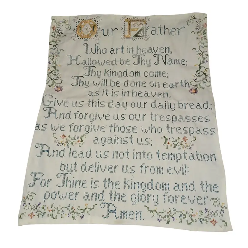 Vintage Cross Stitch "Our Father" prayer on linen panel completed ready to frame