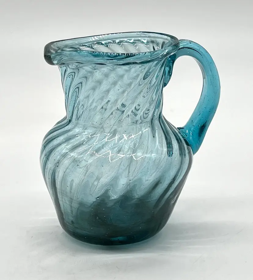 Vintage Optic Swirl Glass Hand Blown Aqua Creamer