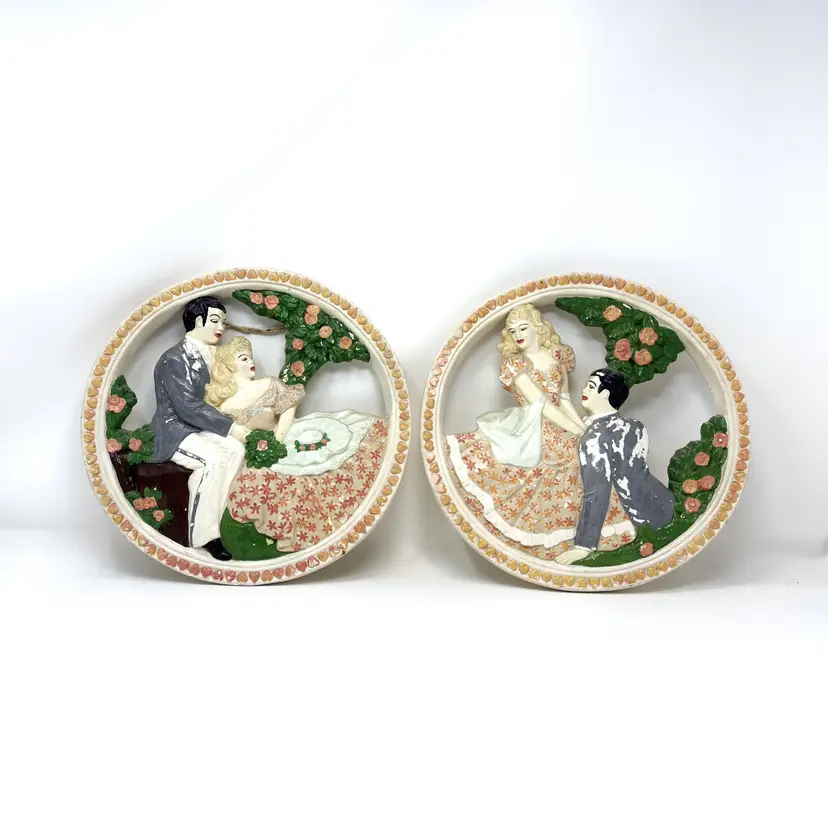 Old South Courting Couple - Vintage Mid-Century Chalkware Wall Art - 10.5"  (0020-26)