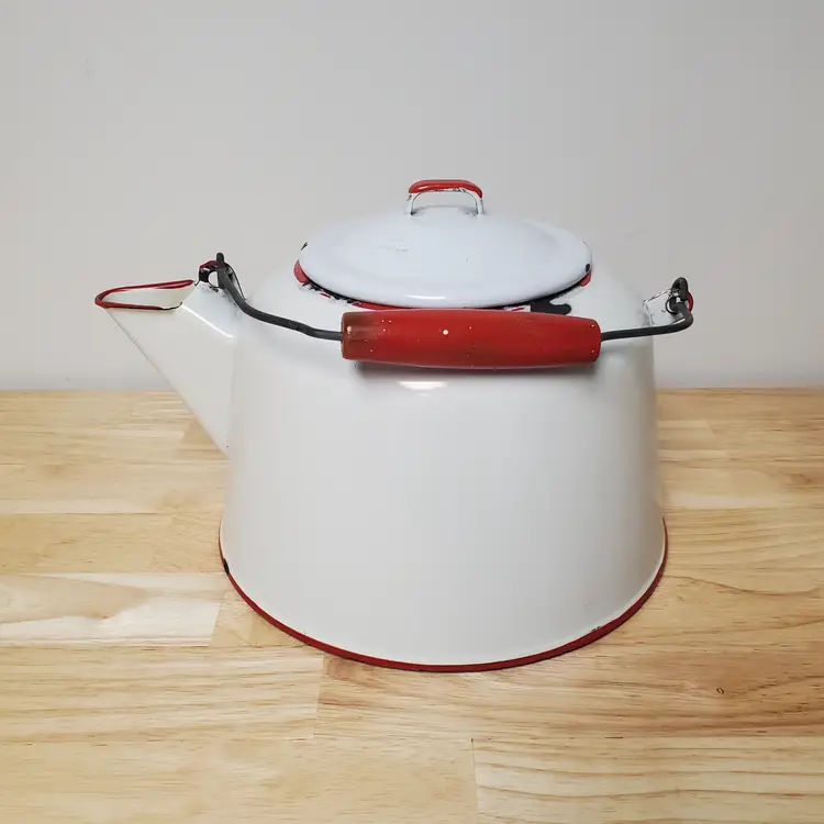 Enamelware Kettle Planter White Red Trim Farmhouse Cottage