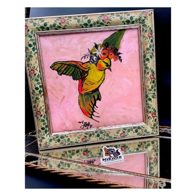 Sweet Pea
New Original Bird Painting 
On 8”x8” Canvas
In 10”x10” Preloved Frame
Bird Art
No Glass