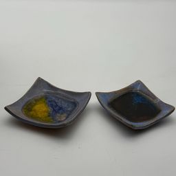 Pair Of Ceramic With Crackle Glass Center Trinket Dishes Blue Glaze