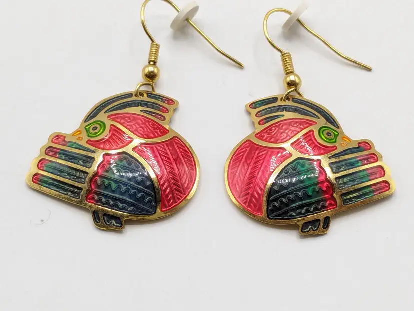 Vintage Edgar Berebi Enamel Tropical Bird Earrings Gold Tone