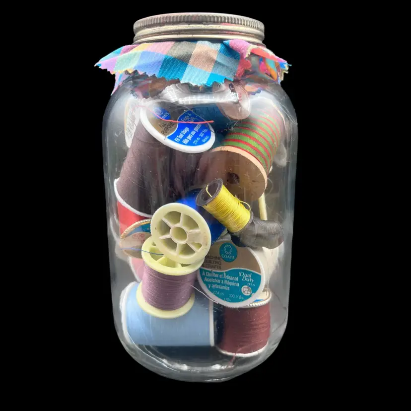 #191A Vintage Quart Jar Filled With A Mixture Of Vintage And Modern Spools Of Thread. Mostly Plastic