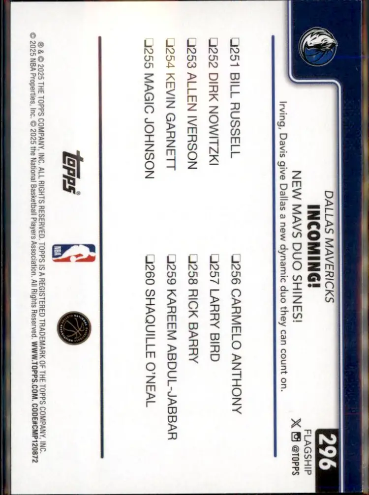 2025-26 Topps #296 Incoming!: New Mavs Duo Shines! - (135) - Dallas Mavericks