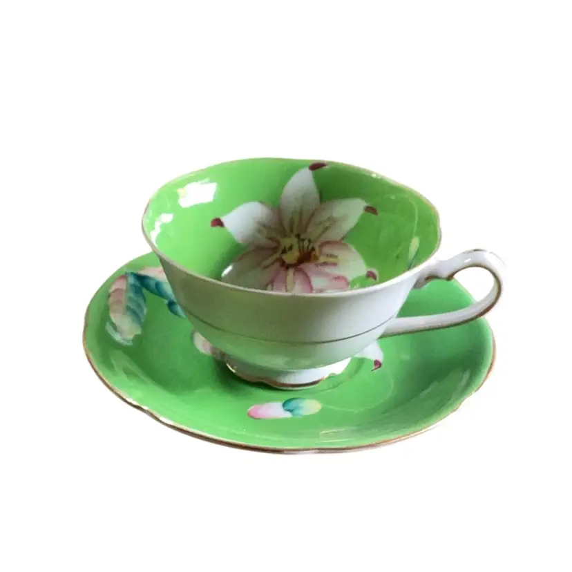 Trimont China Lily Bloom Green And Gold Tea Cup And Saucer Occupied Japan