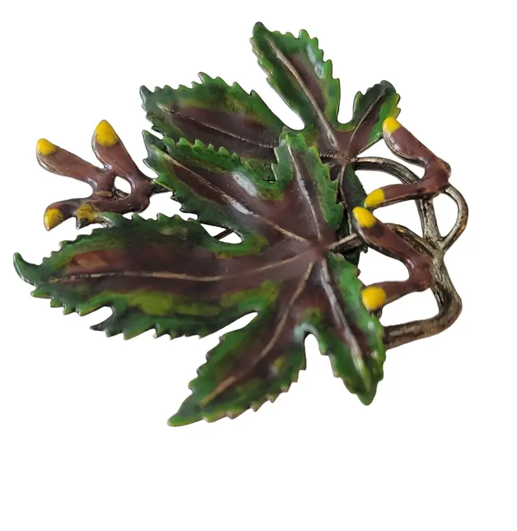 Vintage Green Brown Enamel Sycamore Maple Leaf, Seed Brooch Pin E639