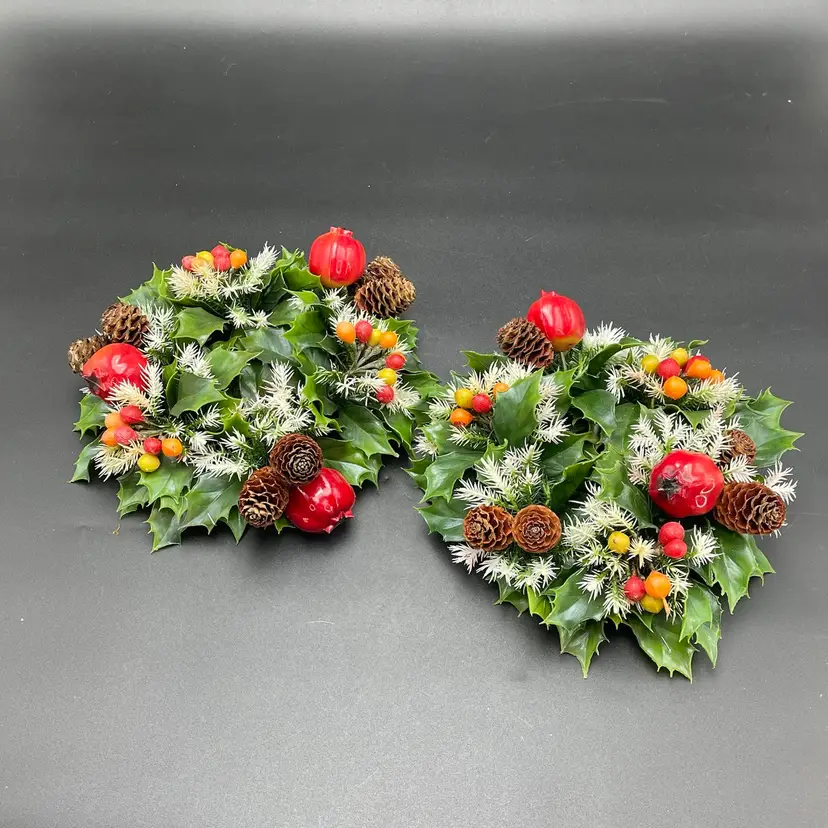 Plastic Christmas Candle Rings Holly Berries Fruit Pinecones VTG Set of 2