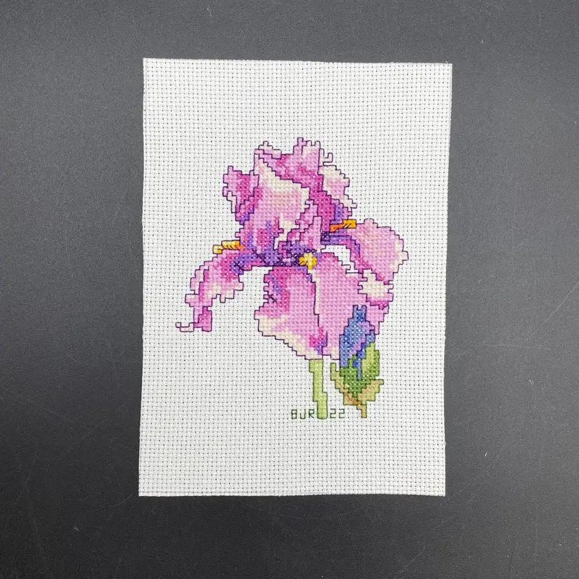 Needlepoint Art Purple Iris Flower Handmade Signed