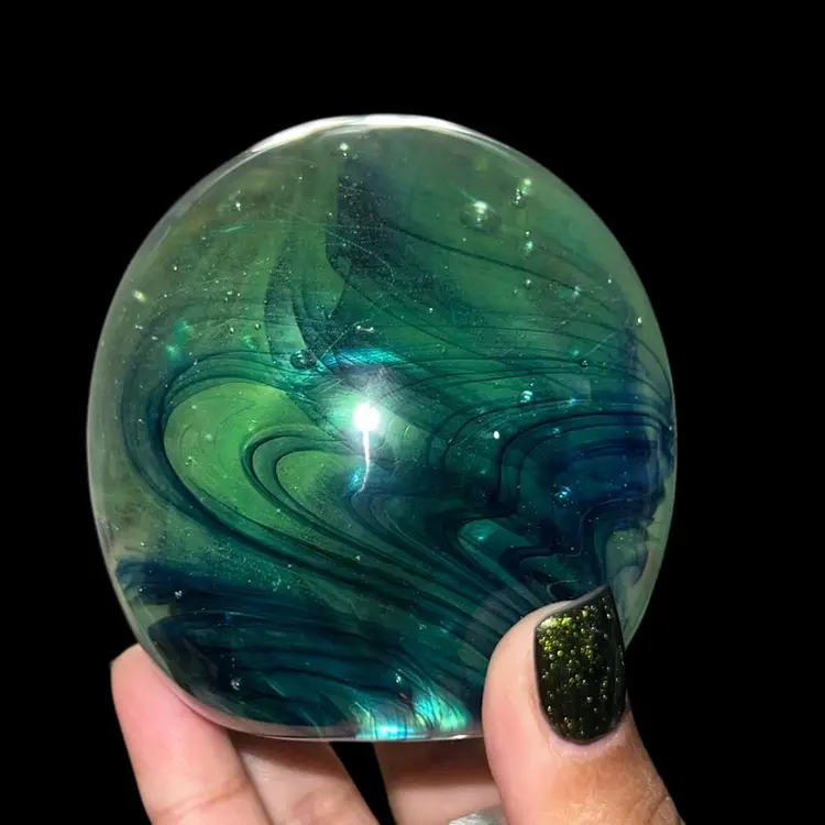 Vintage Kerry Glass Paperweight from Kerry Glass/Ireland - Irish Green Swirls, Bubbles - Large Hand-Blown Sphere - Studio Glass