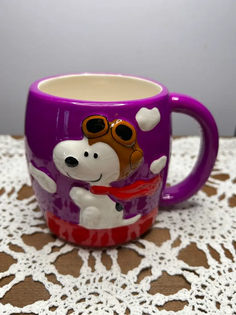 Snoopy Flying Ace Galerie Purple Mug Some Crazing Slight Paint Loss @4” Tall