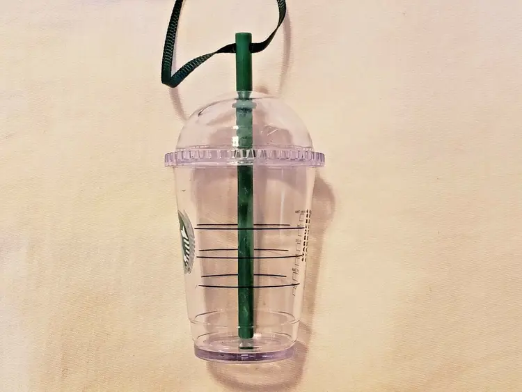 Starbucks Plastic Ice Coffee Christmas Ornament with Green Straw 3 3/4" tall 