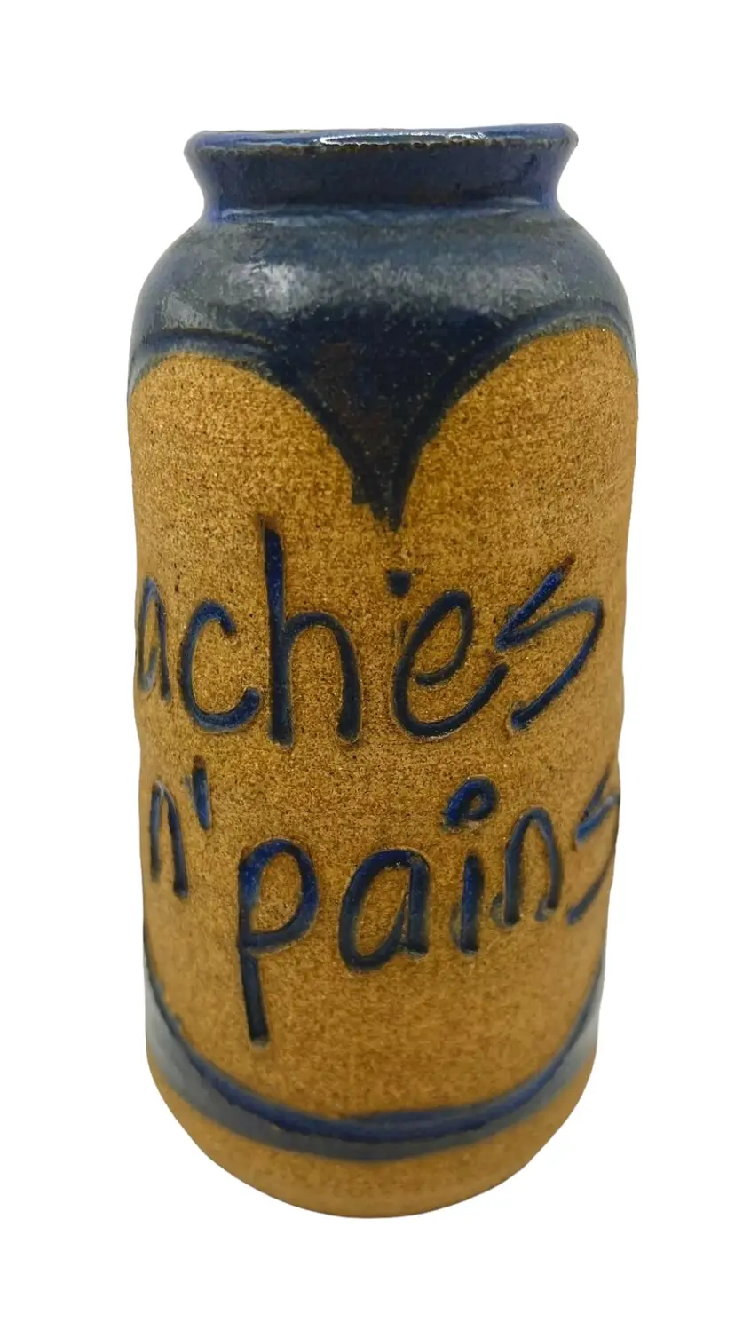 Vintage Pat’s Pots Pottery Jar Aches n Pains Blue Beige Ceramic Handmade 5.25”