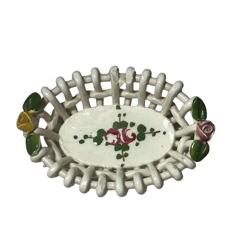 Trinket Dish Basket Weave with Applied Roses Hand Painted Porcelain Made In Italy
