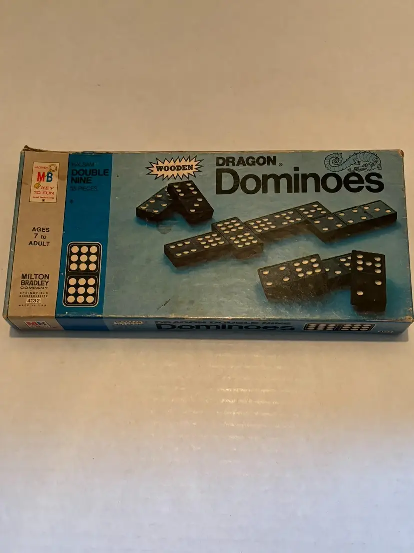 Vintage Milton Bradley Wooden Dragon Dominoes from 1970 Original Box Made in USA