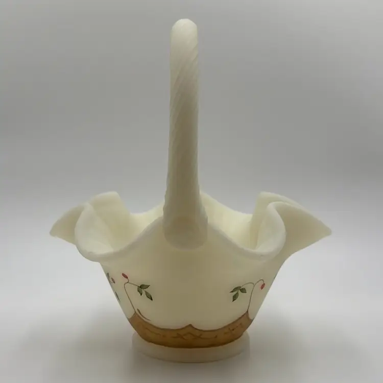 Fenton Custard Satin Glass Red Berries Basket