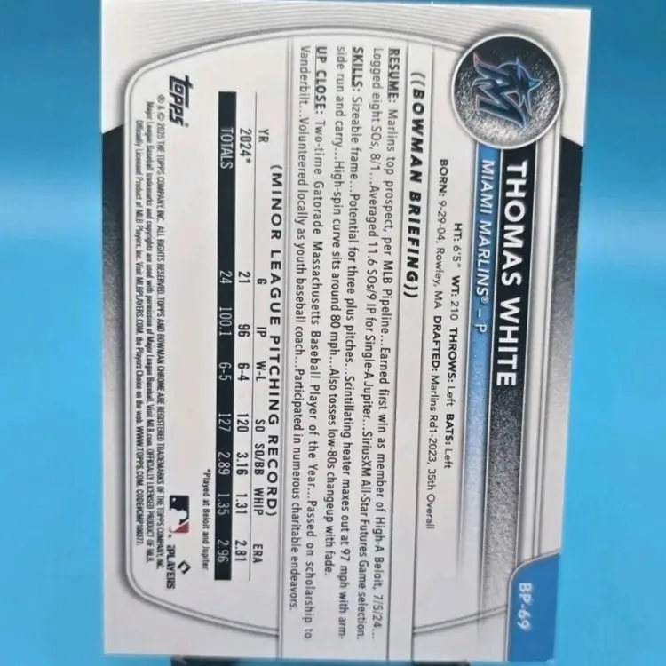 Thomas White 2025 Bowman 1st Bowman Neon Green Border 238/399 Miami Marlins