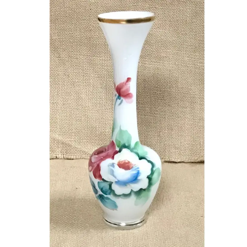 Vintage White Floral Glass Vase Hand Painted Grandma Cottage Core Romance