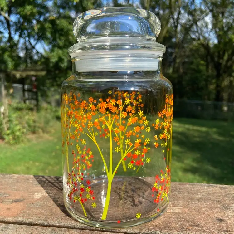 Anchor Hocking, Floral, Glass, Bubble-Top Jar, 5.5”h (6.75”h with Lid). Plastic On Lid Stamped With Anchor Hocking Logo.