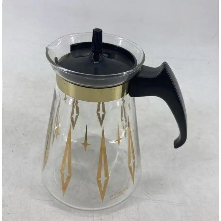 Vintage Vtg.Pyrex Glass Carafe Pitcher Coffee Pot Tea Gold Atomic Diamond Print MCM