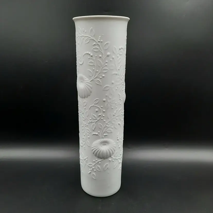 Kaiser West Germany Embossed Floral White Porcelain Bisque Tall Cylinder Vase