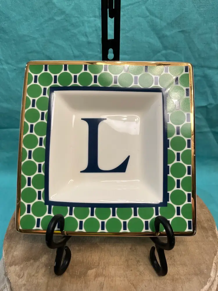Trinket Dish W/Initial “L” Green/blue Trimmed In Gold