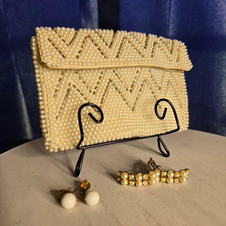 Seed Beaded Clutch Purse and 2 Clip On Earrings