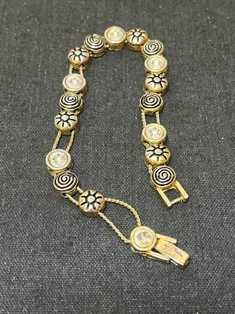 Goldtone Black Enamel Rhinestone Slide Bracelet 7.5”