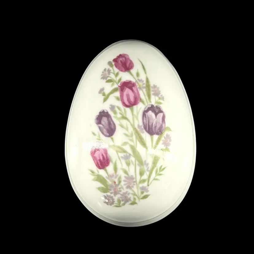 Vintage Lefton Trinket Dish Hand Painted Ceramic Porcelain Egg Purple Tulips