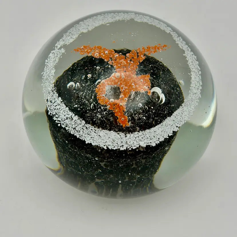 Vtg Orange Chinese Chacarra in Black Sand w/ White Ring Art Glass Paperweight
